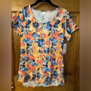 LuLaRoe Classic T Shirt Floral Print Blue Orange Short Sleeve High Low XS NWT